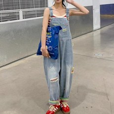 별후이 여성용 데일리 찢어진 와이드 데님 멜빵바지 청점프슈트