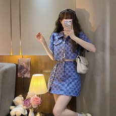 MIREA 여성 반팔 크롭 자켓 체크 스커트 세트 여름 캐주얼 CTZ01