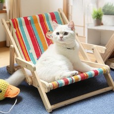 HAPPOM 고양이 강아지 리클라이너 캠핑의자 원목 미니체어 해먹형 흔들의자, 1개, 댕댕이친구 고양이