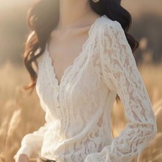 COSYEVNO 여성 봄가을 레이스 브이넥 진주 단추 블라우스 LFHlssy-4