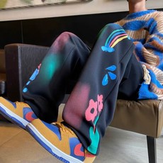 COSYEVNO 트레이닝 와이드 팬츠 낙서 패션 빈티지 힙합 빅사이즈 루즈핏 캐주얼 남성 허리 스트링 바지