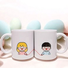 커플 머그컵 1P 사랑스러운 커플 운명의끈 빨간하트끈 약325ml, 1개, 백색 커플