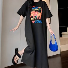 바네코 55~88 레인보우캣 빅사이즈 여성 박시 롱 원피스 티 반팔 롱 여름 홈웨어