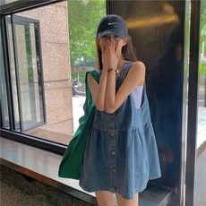LUNATURE 여성 나시 데님 원피스 민소매 오버핏 미니 여름 A라인