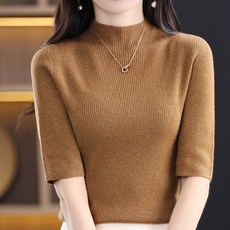 댄유온 여성 반목 골지 반폴라 5부 반팔 니트 니트티