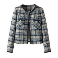 여성 블루 체크 루즈핏 라운드 트위드자켓LCL067