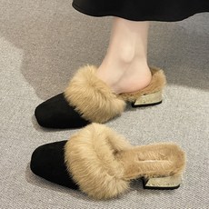 ZAJA 뾰족 여성 털슬리퍼 겨울 하이힐 퍼뮬 슈즈 블로퍼