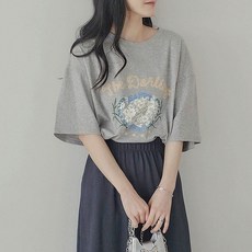로로텐 플라워 반팔 티셔츠 면 루즈핏 라운드넥 여성 빅사이즈