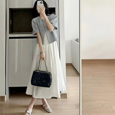 정싱 여름 화이트 롱원피스 + 블루 상의 미디 니트 가디건 나시 원피스 투피스 패션 세트