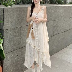 COSYEVNO 해변 바캉스 나시 원피스 레이어드 테슬 언밸런스 비치 롱 스커트