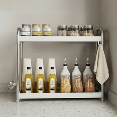 식용유도 들어가는 2단 폭넓은 양념통 선반 정리대, 1개, 화이트