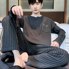 KOPN 남성 잠옷 남성 봄 가을 긴 소매 큰 사이즈 남성 가을 겨울 얇은 편안한 가정복 세트