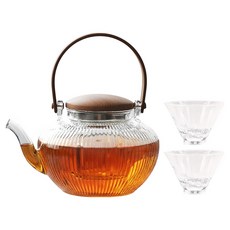 웜쿨러 크리스탈 우드 티팟 차주전자+찻잔 2p 세트, 1세트, 750ml, 투명