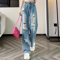별후이 여성용 하이웨스트 스트레이트 데님 팬츠 와이드 찢어진 청바지
