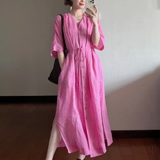 ZAJA 여름 셔츠 롱원피스 면마 브이넥 슬림해 보이는 루즈핏