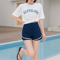 바닐라마카롱 쓰리피스 루즈핏 빅사이즈 메쉬 반팔 + 배색 나시 상의 + 밴딩 이중 반바지 수영복 3종 세트 몸매 체형 보정 비키니 여름 여성 비치웨어 패드 포함