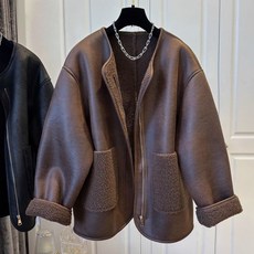 UNIQUEZON 여성 데일리 무스탕 집업 자켓 루즈핏 스웨이드 숏 코트 라운드넥 아우터 빅사이즈