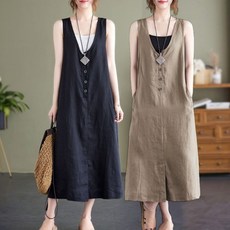 UNIQUEZON ~80kg 여성 패션 루즈핏 린넨 롱 원피스 여름 민소매 브이넥 면마 나시 원피스 빅사이즈