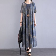 POMTOR 여름 중년여성 프린트 롱원피스 빅 사이즈 체형커버 날씬해 보이는 오버핏 휴양지원피스 스커트 하객룩