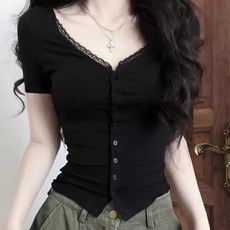 해피유통 여성 섹시 브이넥 반팔 티 여름 버튼 레이스 슬림 숏 톱 jhXG12