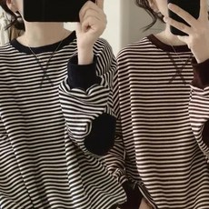 오스틱니 150kg까지 1+1 날씬해보이는 여성 라운드 스트라이프 클래식 배색 맨투맨 긴팔 티 가을 겨울 빅사이즈 멋지군 BF 루즈핏 간절기 이너 큰옷 캐주얼 여자 티셔츠