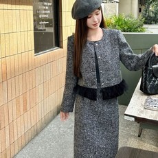 여성 그레이 모직 패딩 스커트 겨울 세트 보온 슬림핏 코트+스커트 2세트