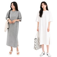 1+1 여성 무지 반팔 롱원피스 루즈핏 데일리 홈웨어 원피스