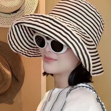 DFMEI 可摺疊超大帽檐條紋漁夫帽女新款長防曬帽子時尚盆帽大頭圍太陽帽