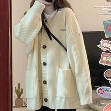 HAM 오버사이즈 루즈핏 하프 포켓 스웨터 코트 브이넥 니트 카디건 여 가을 겨울