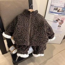 유 아동 주니어 겨울 두툼한 호피 상하 세트