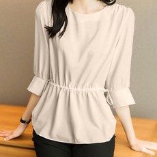 COSYEVNO 여자 쉬폰 셔츠 허리조임 불규칙 7부 소매 상의