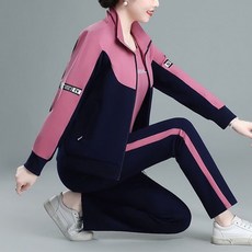 중년여성 40대50대 캐주얼 상하의세트 봄가을 데일리 츄리닝복 하이넥 집업 자켓+레터링 반팔티+밴딩 팬츠 3종세트 m~4xl 엄마 운동복