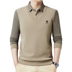 라부라카 가을 남자 폴로 카라 긴팔티셔츠 페이크 투피스 골프 상의 스트라이프 아빠룩 루즈핏 캐주얼 셔츠 남자골프웨어