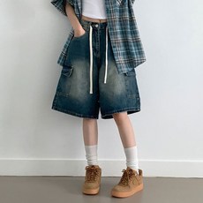 부기샵 세잇 브러쉬 워싱 스트링 카고 버뮤다 데님팬츠