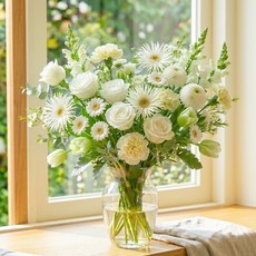 주말배송 신선포장 무지개 생화 꽃택배 (꽃다발X) 플로리스트 색감 구성 + 컨디셔닝 완 아르띠콜로, 5개, 화이트&그린 꽃송이수