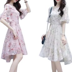 AOKADA 1+1여성 여름 쉬폰 셔링 프릴 반팔 플라워 프린팅 언발 A라인 플레어 원피스