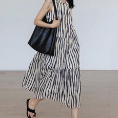 ZAJA 여성 린넨 루즈핏 스트라이프 원피스 여름 민소매 원피스