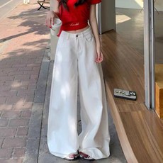 SAHINER 여성 하이웨스트 와이드 팬츠 화이트 루즈핏 봄 캐주얼 청바지 ANZ93