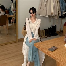 RCLET 여성 펀칭 니트티 트임 롱원피스 시스루 니트 그물가디건 여름 브이넥 긴팔 롱니트티