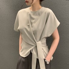 ZAJA 여성 여름 반팔 블라우스 루즈핏 허리 스트랩 셔링 오피스룩