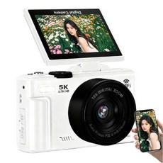 신클퍼 5K 고화질 디지털카메라 180도 로 뒤집다 자동 초점 맞추기 7600W 픽셀 카메라 64GB SD 카드 여행 카메라 wifi 모드, 흰색, 디지털 카메라