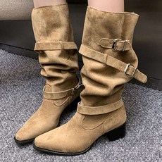 SAHINER 여성 미들부츠 스웨이드 벨트 장식 봄가을 하이힐 부츠 BNX15