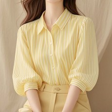 DUOMIHAN 여성 봄여름 스트라이프 카라 셔츠 7부 블라우스 옐로우 출근룩 데일리 상의