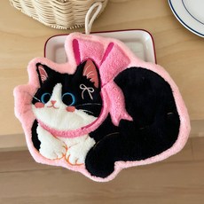 걸이식 주방 욕실 겸용 핸드타월 고양이 캐릭터 극세사 속건 타월 귀여운 냥이 자수 산호융 고리형 수건 인테리어 소품, 1개, 핑크 리본 냥이