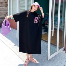 헤이 빅사이즈 넉넉한 여름 반팔 빅사이즈 롱 티셔츠 여성 홈웨어 실내복 원피스 잠옷