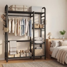 Unihome 튼튼한 친환경 보강형 대용량 시스템 행거 스탠드 드레스룸 옷장 선반 행거, 블랙, 싱글 1단