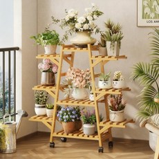 베란다화분정리대 이동식 대나무 화분선반대, 9단, A형 휠 달린
