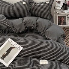 사계절 클래식 스트라이프 부드러운 침구세트 베이직 고밀도 워싱 베개커버 2개 + 침대시트 1개 + 이불커버 1개