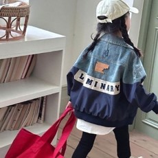 유아스 키즈 아동 데님 레터링 배색 오버핏 아우터