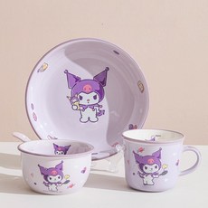 가와시마야 캐릭터 한식기 4종 세트, 퍼플, 1세트, 공기 + 원형 접시 + 머그컵 + 숟가락